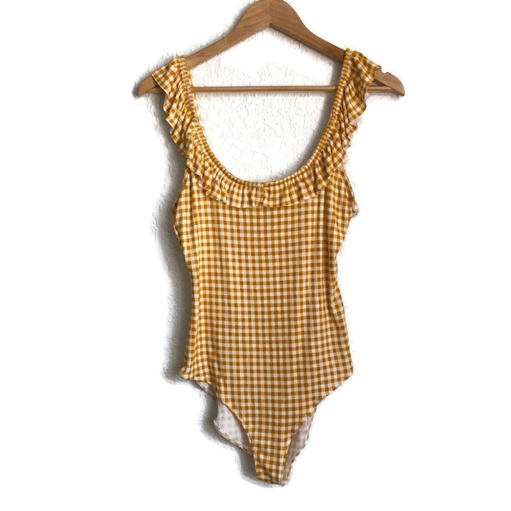 NWT Forever 21 Yellow Gingham Ruffle Bodysuit Sz L